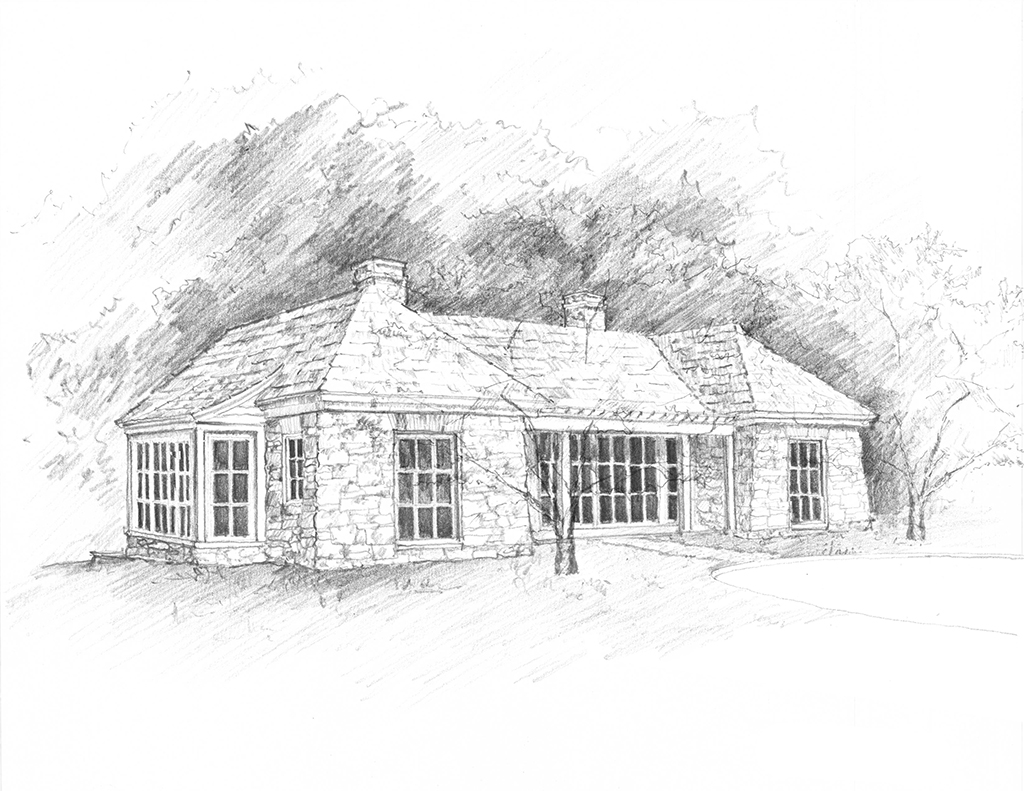 Perspective study for a stone guest house.