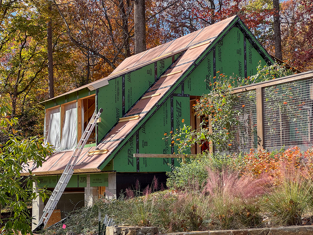 Garage nestled into the existing landscape