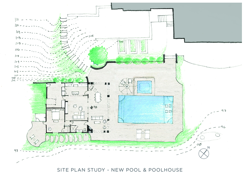 Site plan study for a new pool and poolhouse